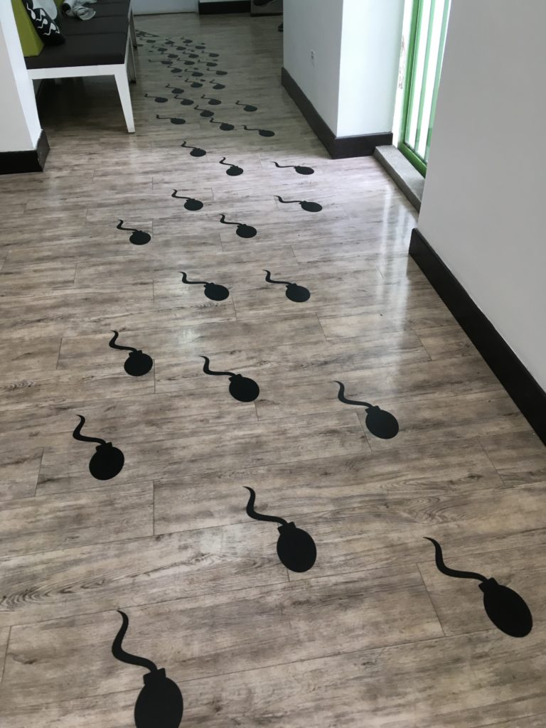 sperm images on floor of Profamilia clinic in Bogota Colombia